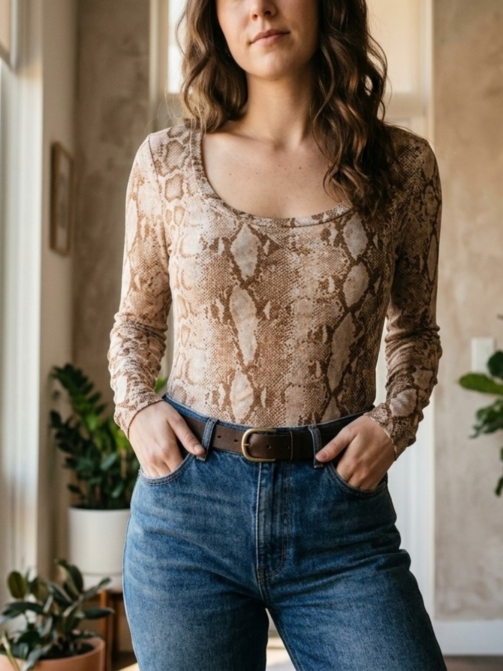 Jluxlabel Scoop Neck Long Sleeve Mesh Snake Print Top in Brown (L)